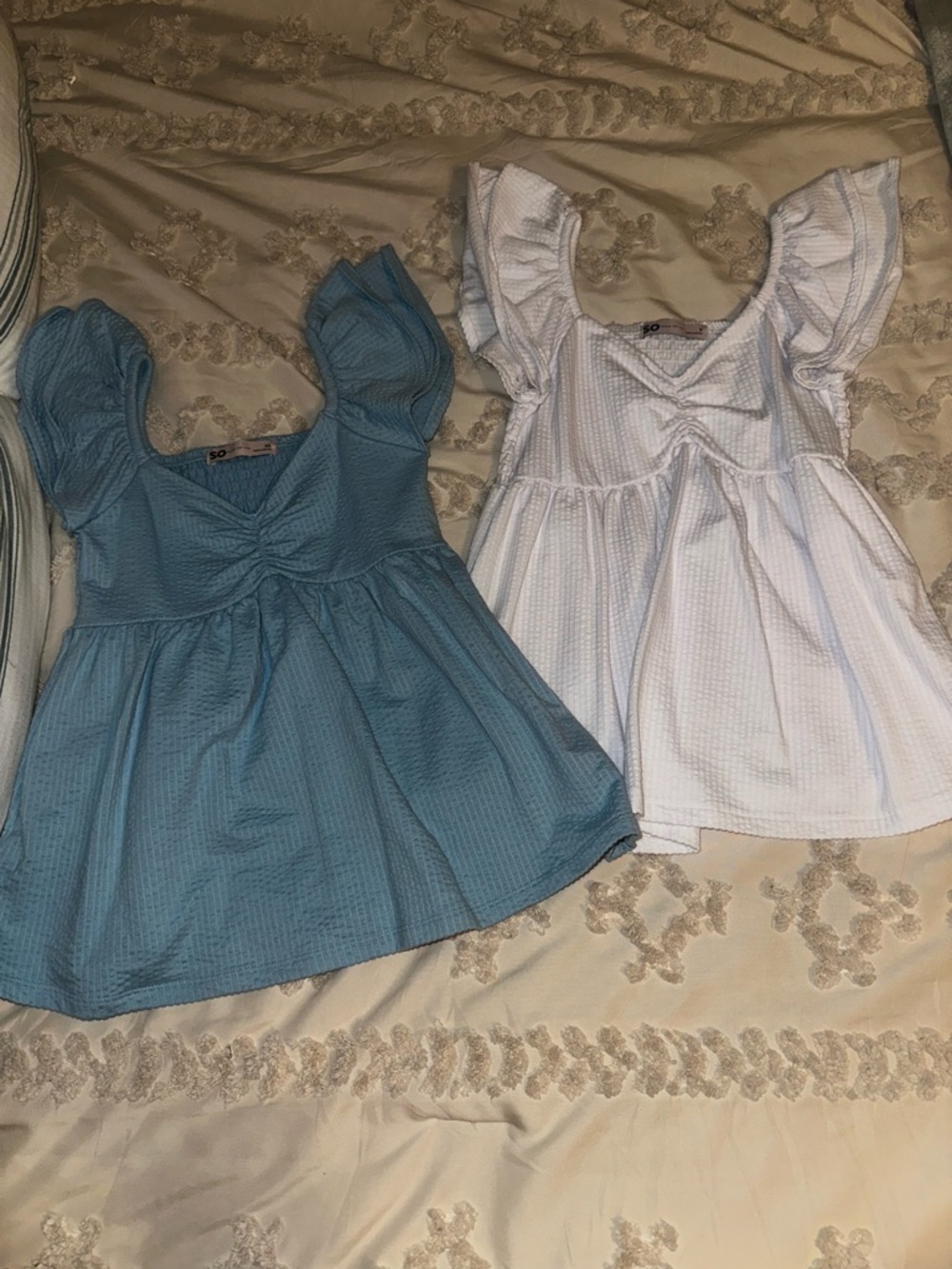 Textured Puff Sleeve Babydoll Top in Blue